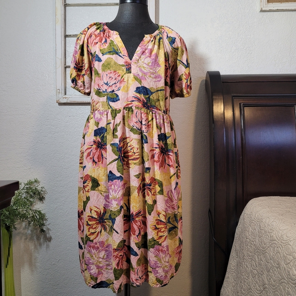 Terra & Sky Multicolored Floral Midi Dress with Ruffle Hem and Tie Back Size 14